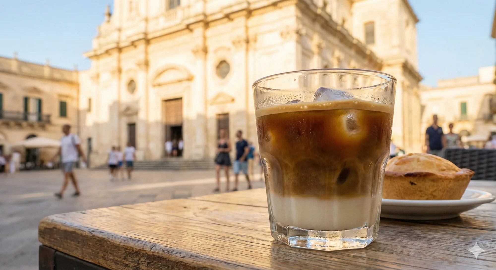 Glass of caffè leccese with almond Milk on a table in Lecce