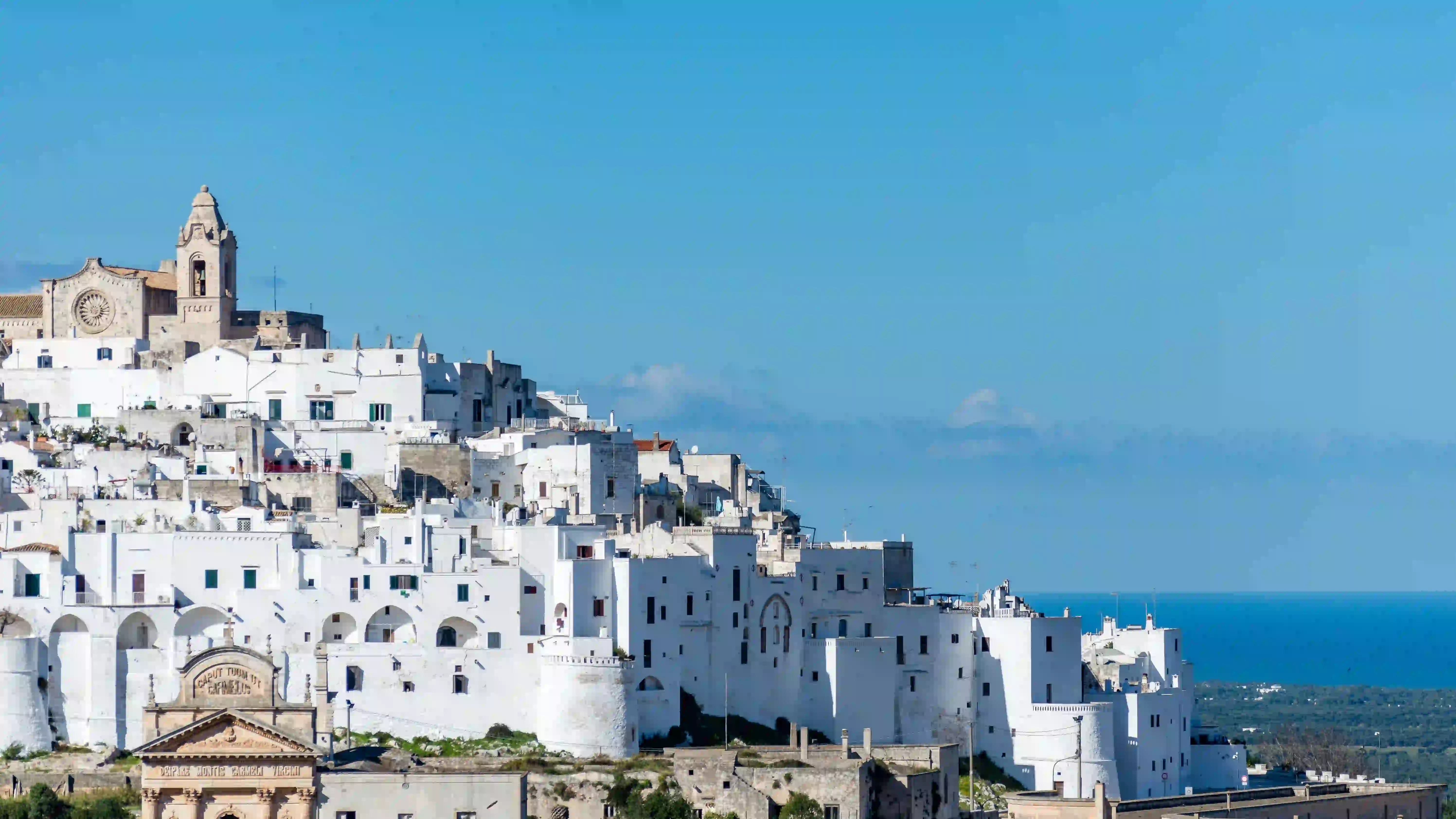Panoramic view of Ostuni, the White City in Puglia, Italy, known for its whitewashed houses and historic charm
