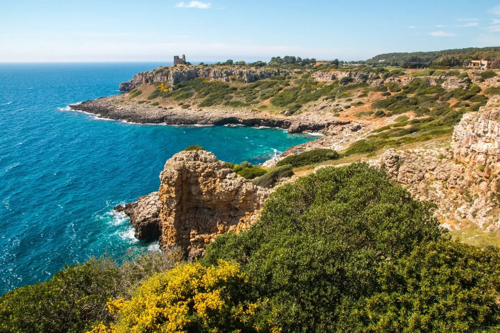 Scenic coastline of Portoselvaggio in Puglia, Italy, featuring crystal-clear sea, sandy beaches, and Mediterranean greenery